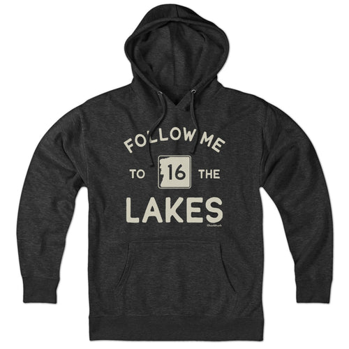 Hoodie in Charcoal with Follow Me To The Lakes New Hampshire graphic