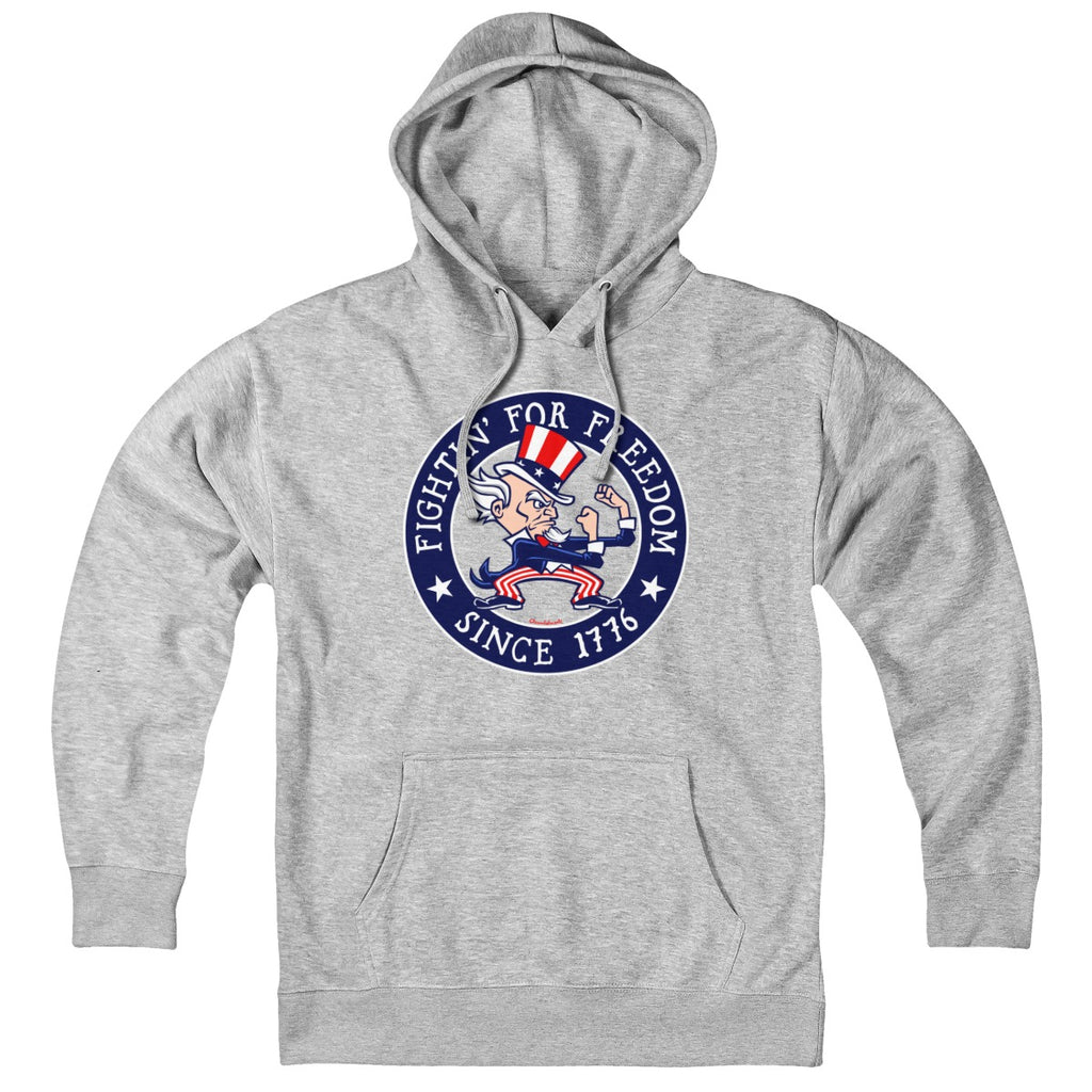 Hoodie in Gray with Fightin' For Freedom Uncle Sam patriotic graphic