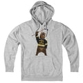 Front of gray pullover hoodie with a roaring bear raising a hockey stick in a black-and-gold “Beware of Boston” jersey
