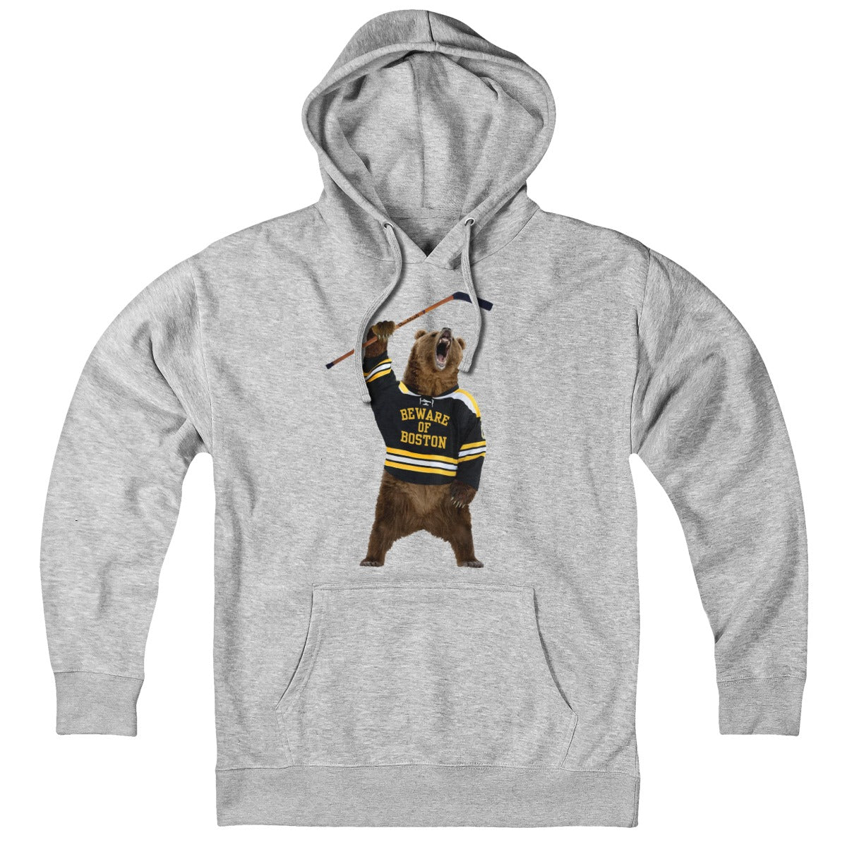 Front of gray pullover hoodie with a roaring bear raising a hockey stick in a black-and-gold “Beware of Boston” jersey