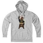 Front of gray pullover hoodie with a roaring bear raising a hockey stick in a black-and-gold “Beware of Boston” jersey
