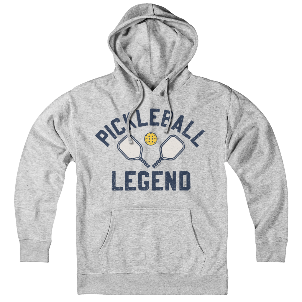 Pickleball Legend hoodie in gray — bold 'Pickleball Legend' chest graphic on soft fleece