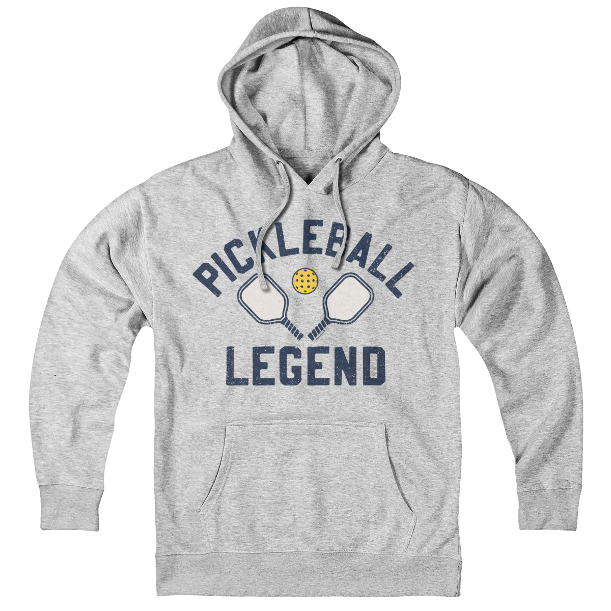 Pickleball Legend hoodie in gray — bold 'Pickleball Legend' chest graphic on soft fleece