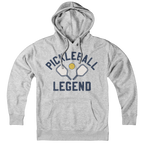 Pickleball Legend hoodie in gray — bold 'Pickleball Legend' chest graphic on soft fleece