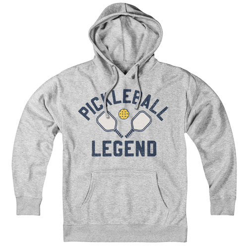 Pickleball Legend hoodie in gray — bold 'Pickleball Legend' chest graphic on soft fleece