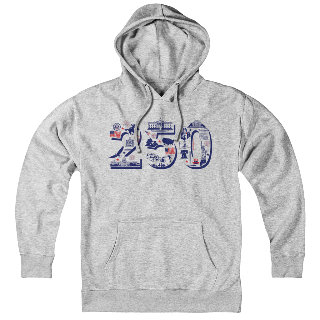 Hoodie in Gray featuring patriotic USA 250 anniversary icons including stars, eagles, and fireworks