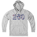 Hoodie in Gray featuring patriotic USA 250 anniversary icons including stars, eagles, and fireworks