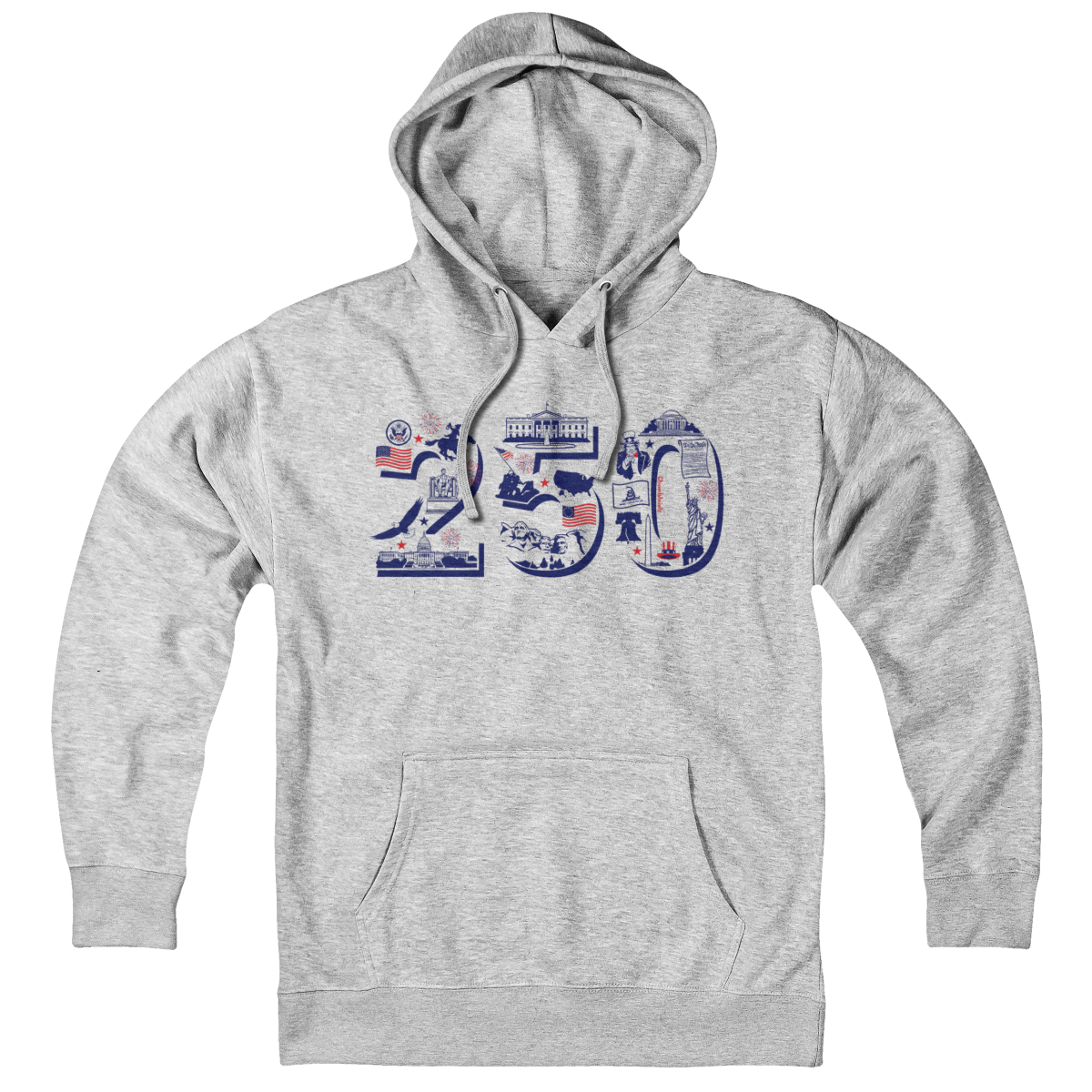 Hoodie in Gray featuring patriotic USA 250 anniversary icons including stars, eagles, and fireworks