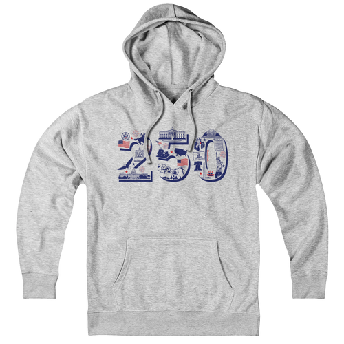 Hoodie in Gray featuring patriotic USA 250 anniversary icons including stars, eagles, and fireworks
