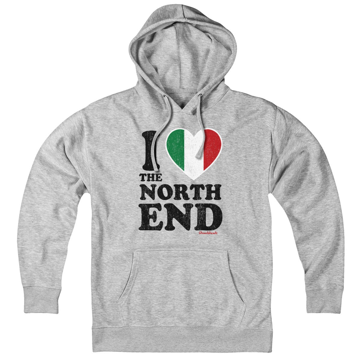 Gray pullover hoodie, front view, with distressed black North End lettering, an Italian-flag heart, drawstring hood, and pouch pocket.