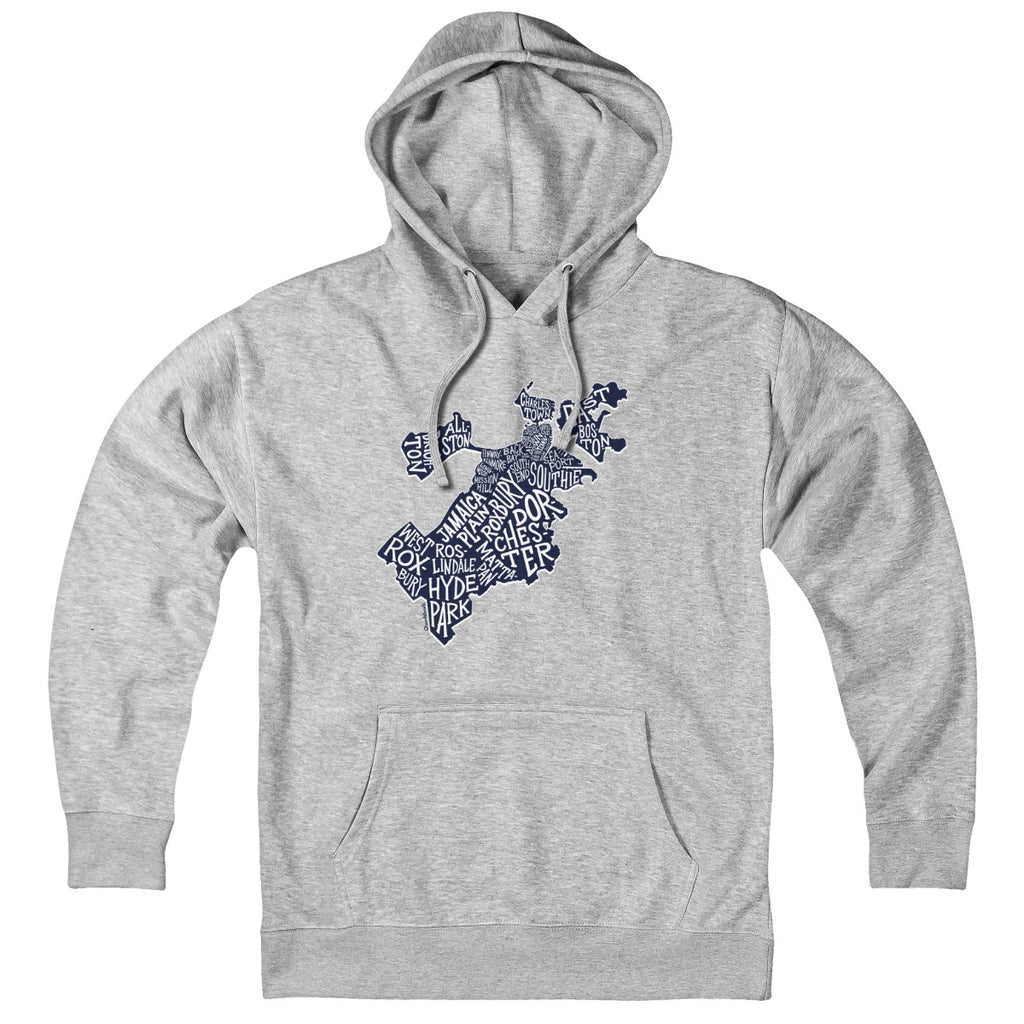 Front view of a gray pullover hoodie with a navy-and-white Boston neighborhood-name map and front pouch pocket