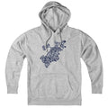 Front view of a gray pullover hoodie with a navy-and-white Boston neighborhood-name map and front pouch pocket