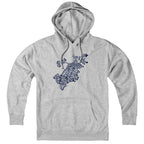 Front view of a gray pullover hoodie with a navy-and-white Boston neighborhood-name map and front pouch pocket