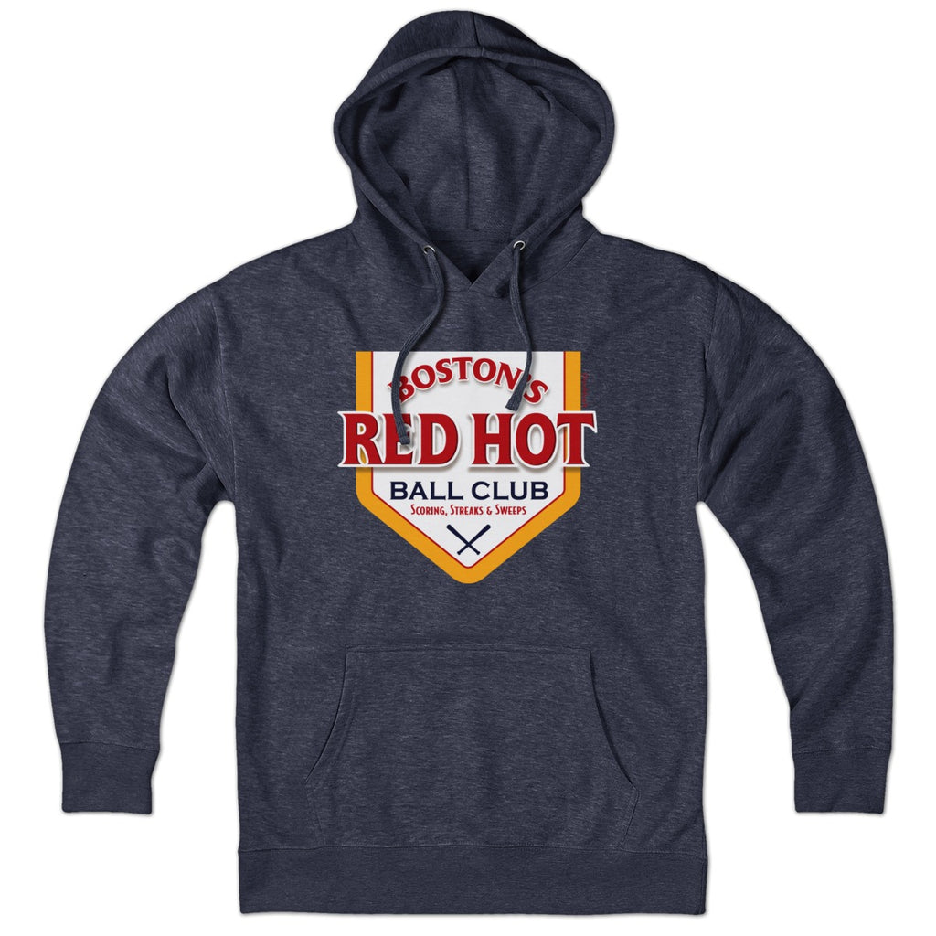 Hoodie in Heather Blue with Boston's Red Hot Baseball Label vintage graphic