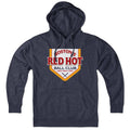 Hoodie in Heather Blue with Boston's Red Hot Baseball Label vintage graphic