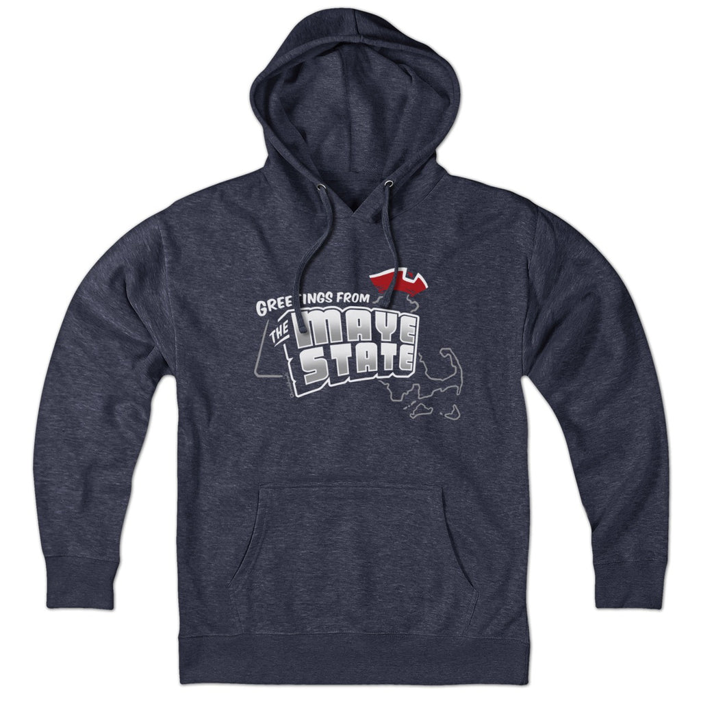Hoodie in Heather Blue with Greetings From The Maye State New England football graphic
