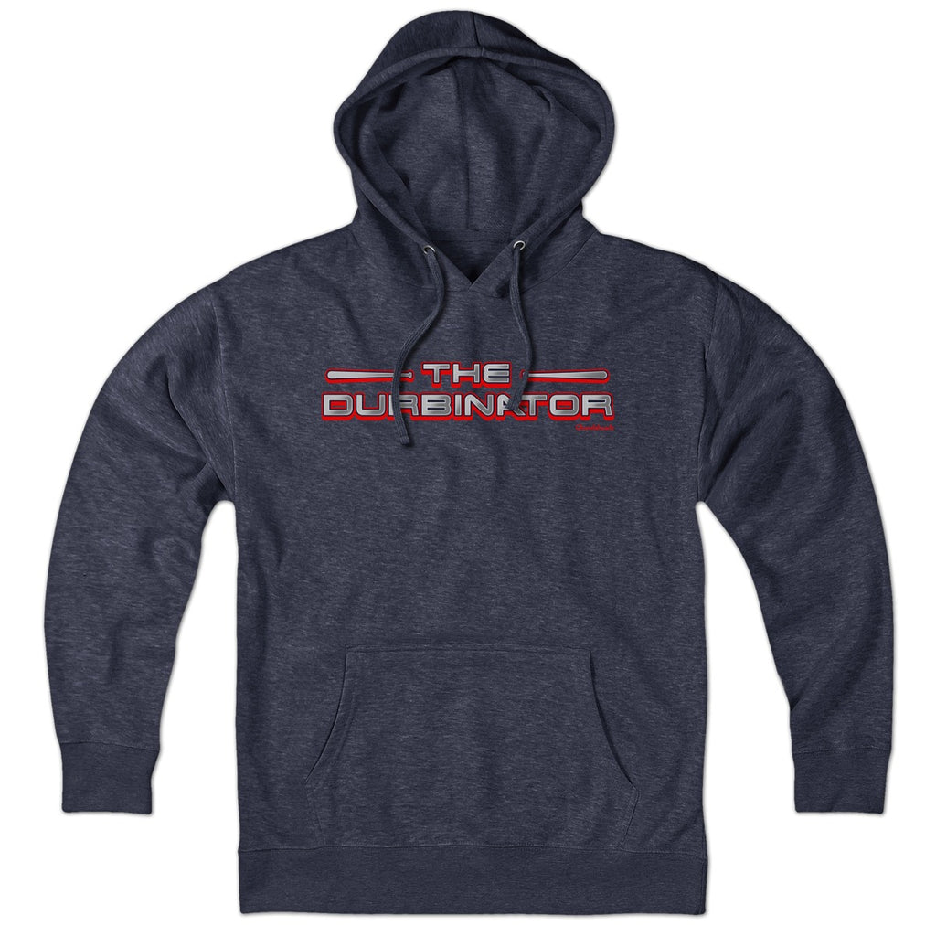 Hoodie in Heather Blue with The Durbinator Boston Baseball #5 graphic