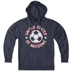 Hoodie in Heather Blue with United States of Awesome Soccer patriotic footy graphic