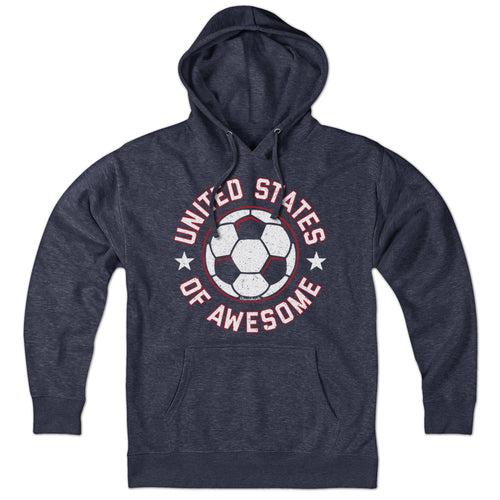 Hoodie in Heather Blue with United States of Awesome Soccer patriotic footy graphic
