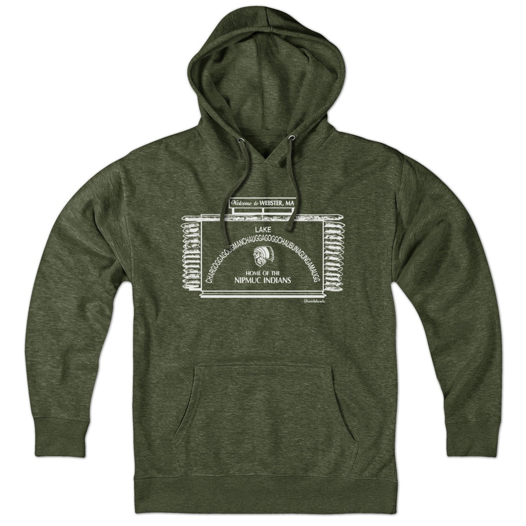 Military green pullover hoodie, front view, with white Webster lake-sign artwork, a drawstring hood, and a pouch pocket.