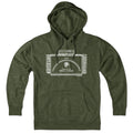 Military green pullover hoodie, front view, with white Webster lake-sign artwork, a drawstring hood, and a pouch pocket.
