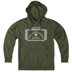 Military green pullover hoodie, front view, with white Webster lake-sign artwork, a drawstring hood, and a pouch pocket.