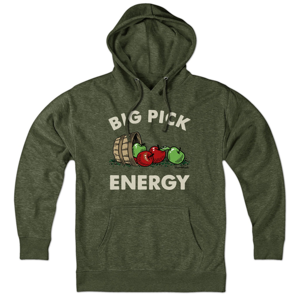 Hoodie in Military Green with Big Pick Energy apple picking graphic