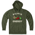 Hoodie in Military Green with Big Pick Energy apple picking graphic