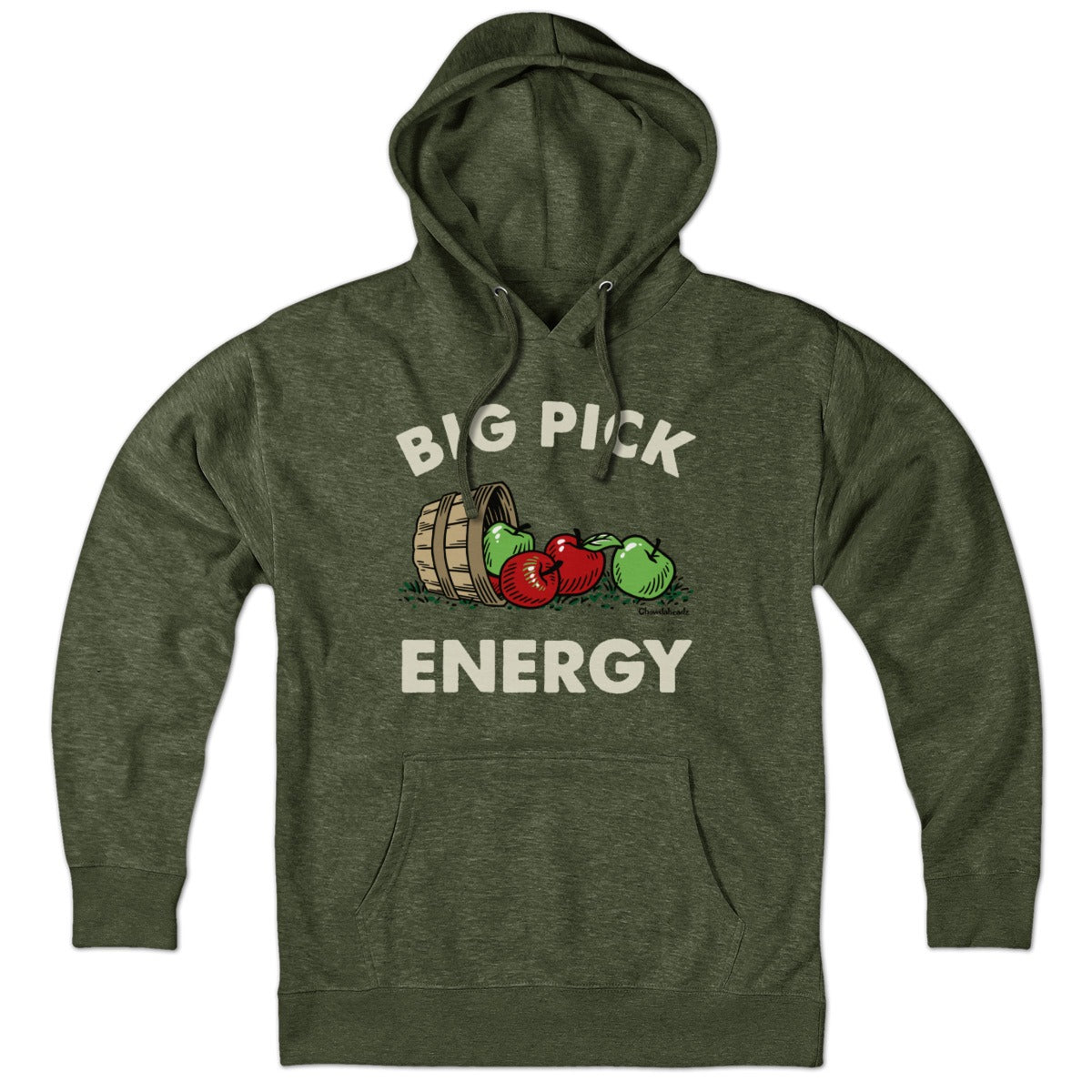 Hoodie in Military Green with Big Pick Energy apple picking graphic