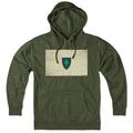 Hoodie in Military Green with Vintage Massachusetts Flag Bay State heritage graphic