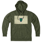 Hoodie in Military Green with Vintage Massachusetts Flag Bay State heritage graphic