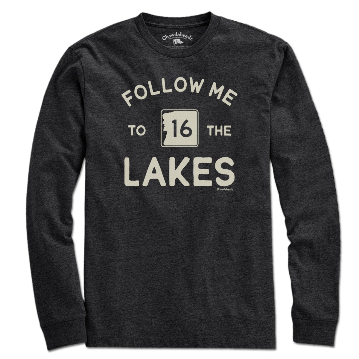 Long Sleeve in Charcoal with Follow Me To The Lakes New Hampshire graphic