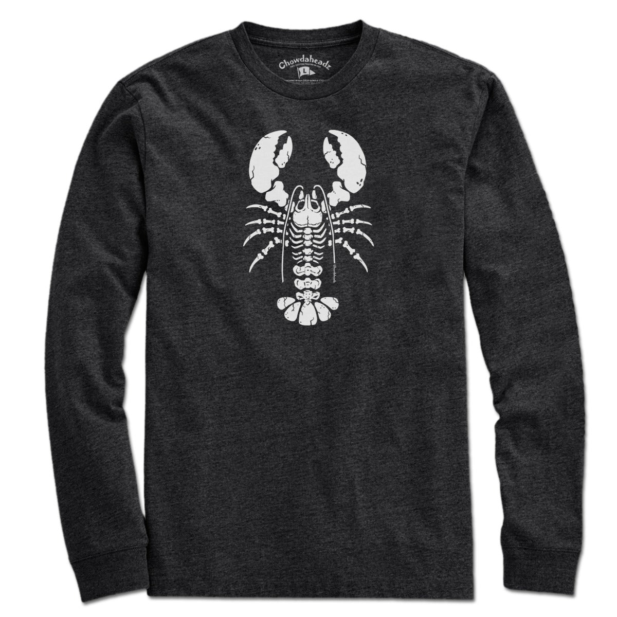 Charcoal Long Sleeve featuring skeleton lobster design in white and gray