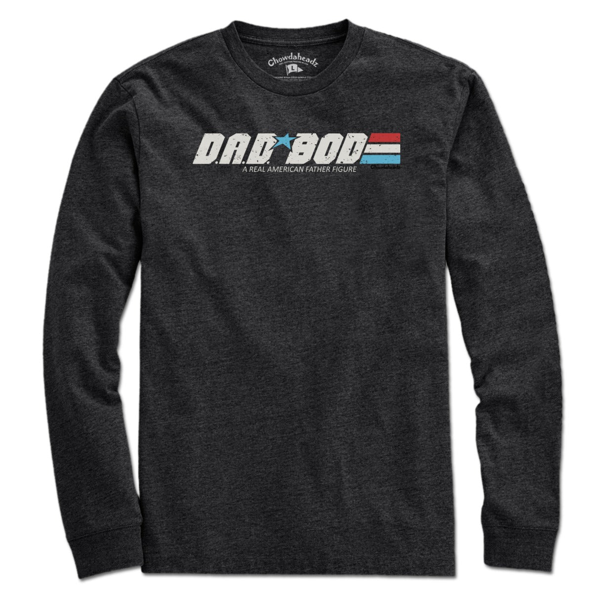Long Sleeve in Charcoal with D.A.D. BOD A Real American Figure graphic