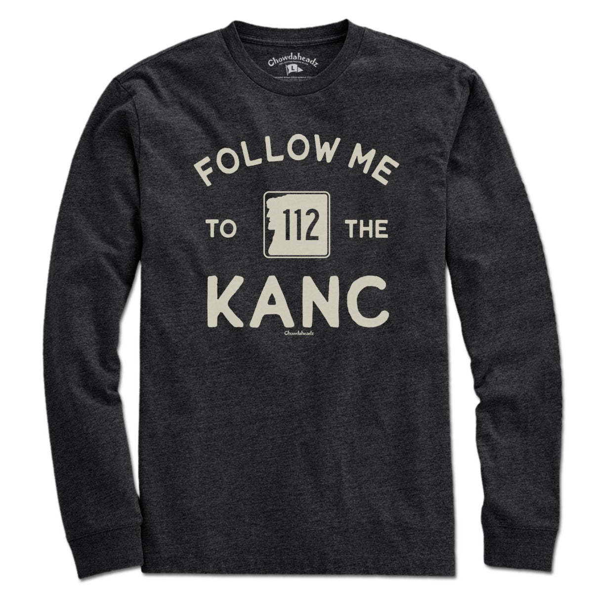 Long Sleeve in Charcoal with Follow Me To The Kanc New Hampshire Route 112 graphic