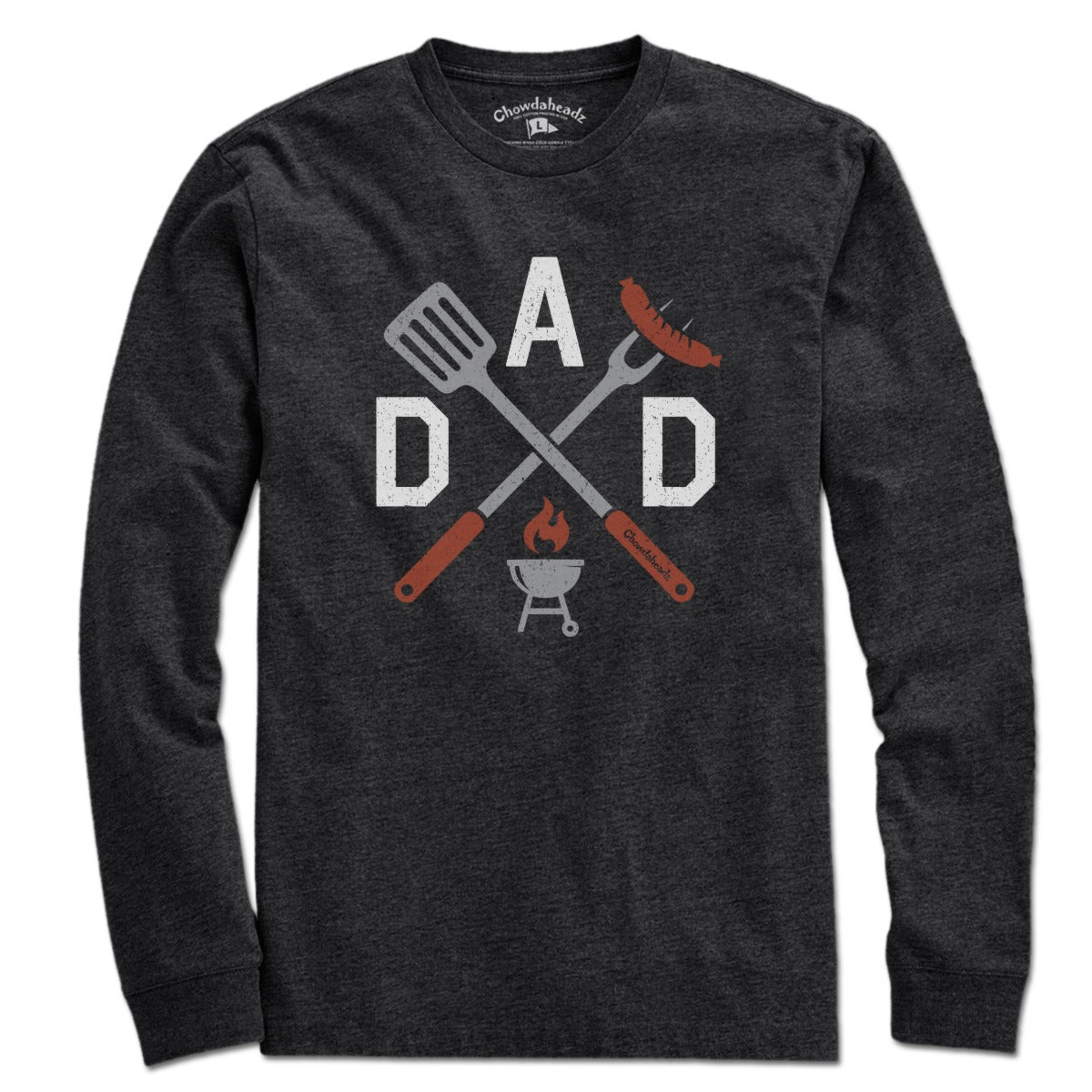 Long Sleeve in Charcoal with DAD Grill Icons backyard BBQ graphic