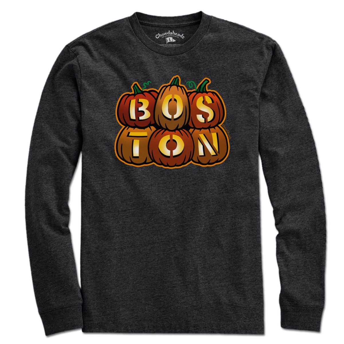 Charcoal Long Sleeve featuring stacked jack o' lantern design with Boston autumn vibes