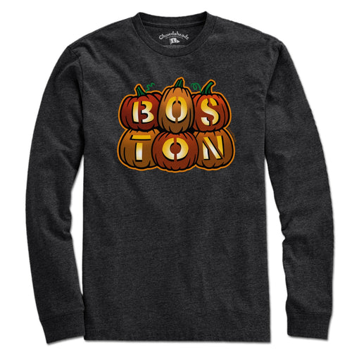 Charcoal Long Sleeve featuring stacked jack o' lantern design with Boston autumn vibes