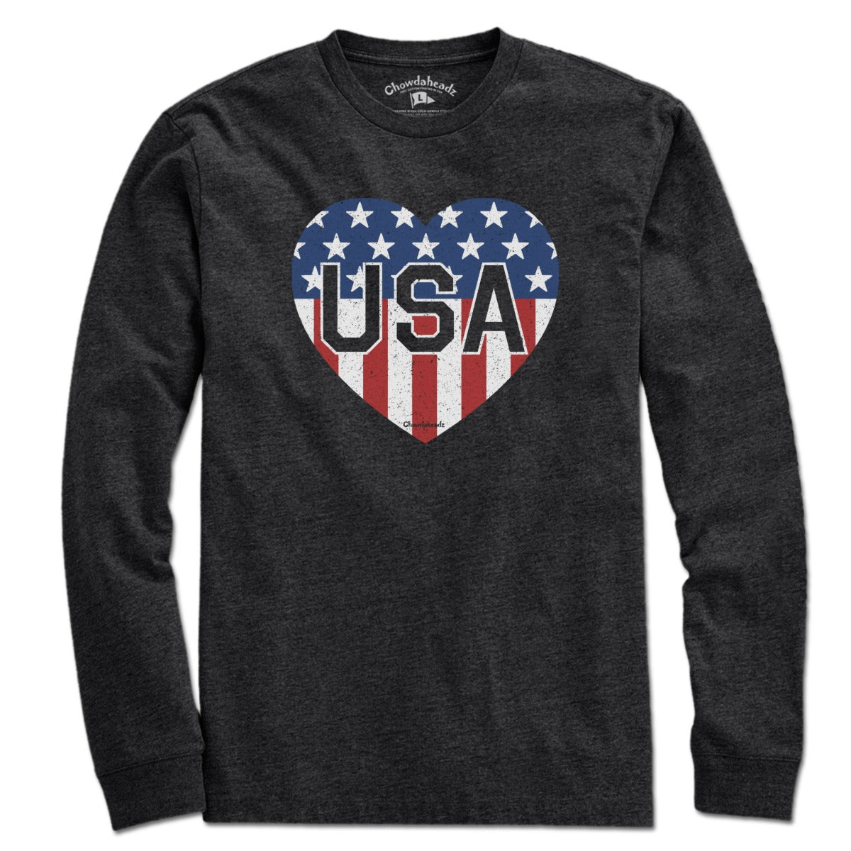 Long Sleeve in Charcoal with USA Heart stars and stripes graphic