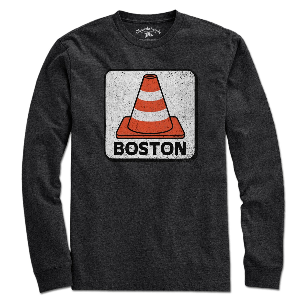 Long Sleeve in Charcoal with Boston Traffic Cone construction graphic