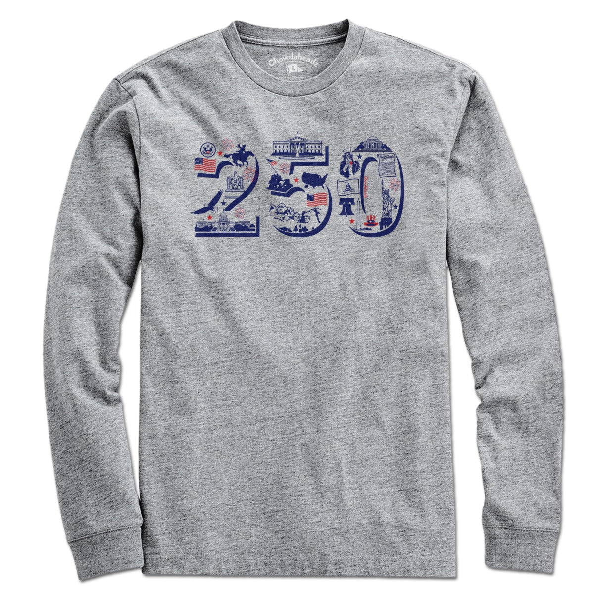 Long Sleeve patriotic t-shirt with USA 250 icons in red white and blue on Gray cotton