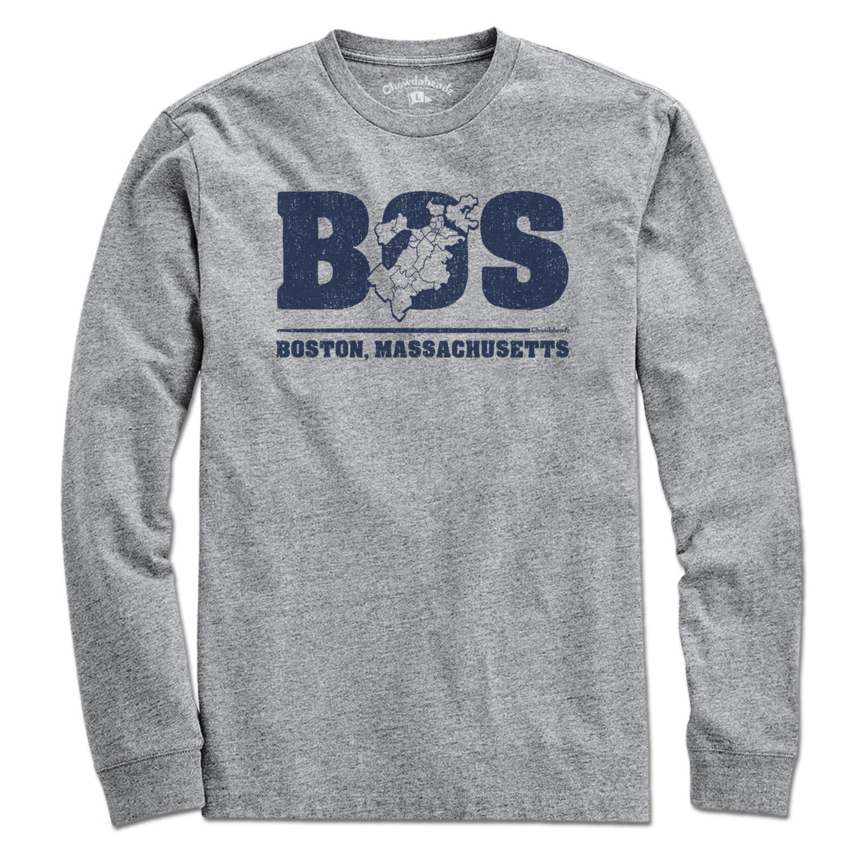 Long Sleeve in Gray with BOS Boston Neighborhoods Map graphic