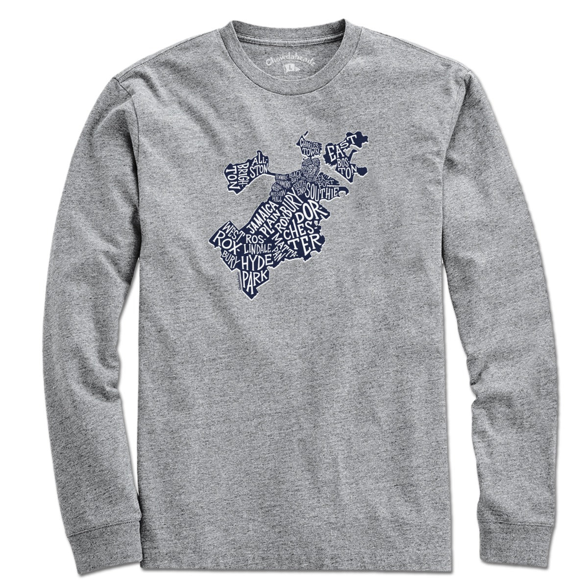 Front view of a gray long-sleeve shirt with a navy-and-white Boston neighborhood-name map