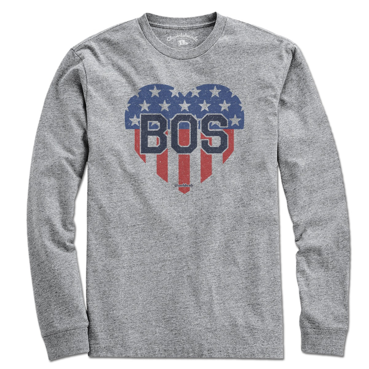 Long Sleeve in Gray with BOS Heart Stars & Stripes Boston patriotic graphic