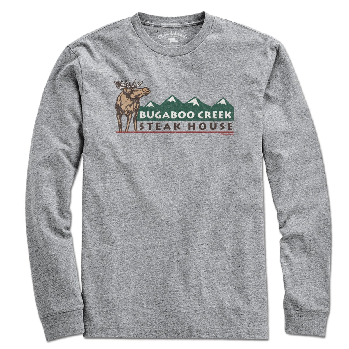 Gray long-sleeve shirt with the Bugaboo Creek Steak House moose and mountain graphic, front view