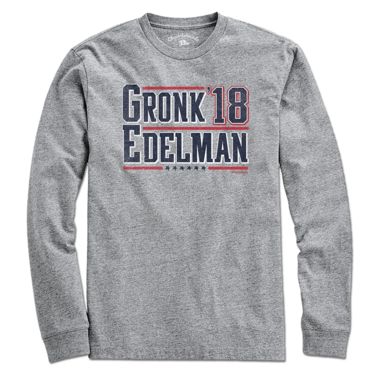 Long Sleeve in Gray with Gronk Edelman '18 New England football legends graphic