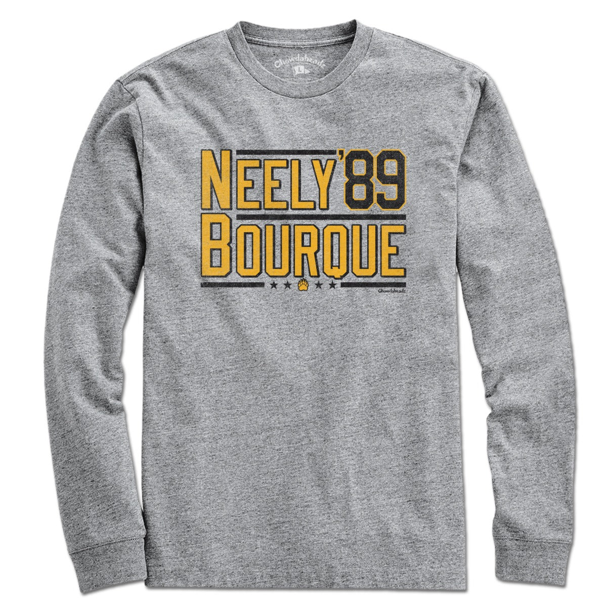 Front view of gray long-sleeve shirt with gold-and-black Neely Bourque '89 design