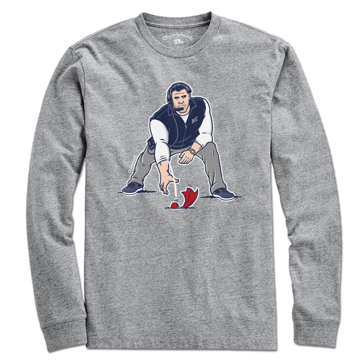 Long Sleeve in Gray with Three Point Stance Coach New England football graphic