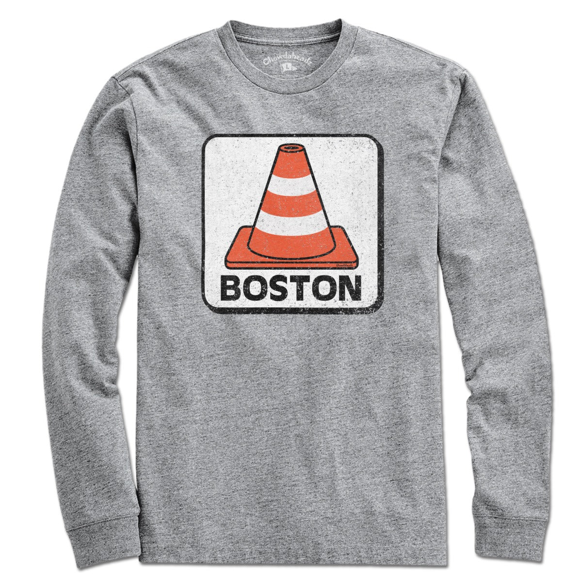 Long Sleeve in Gray with Boston Traffic Cone construction graphic