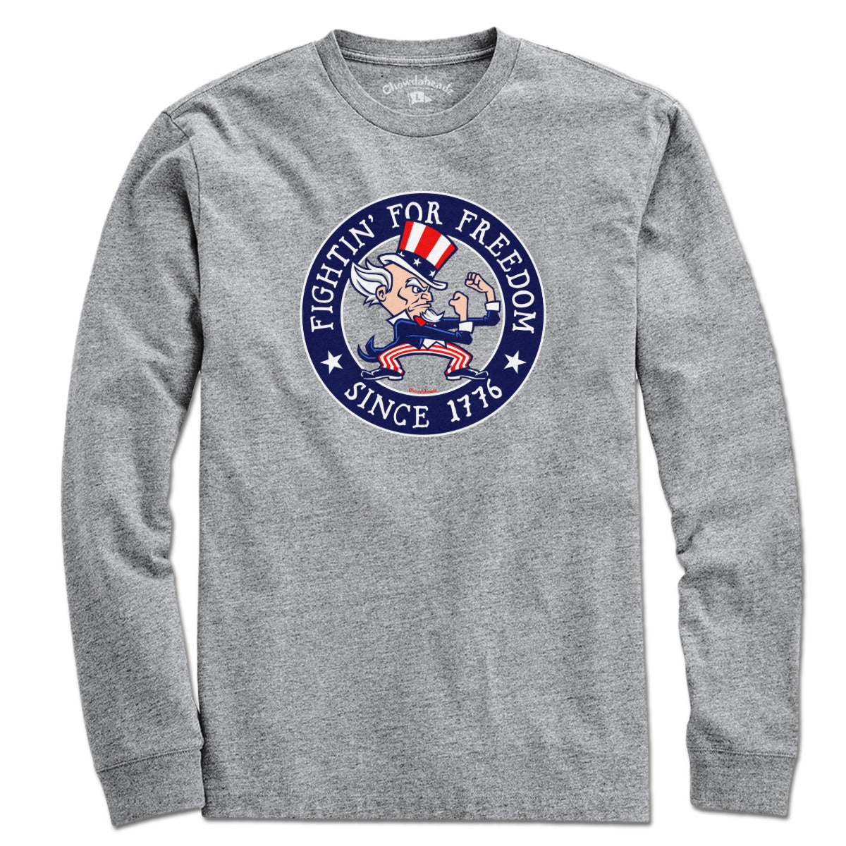 Long Sleeve in Gray with Fightin' For Freedom Uncle Sam patriotic graphic
